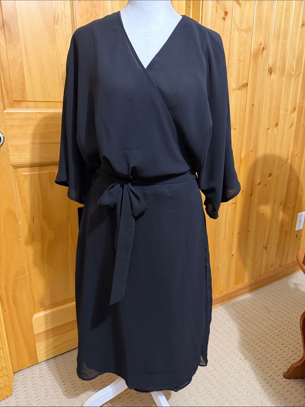 Standard Practices Classic Black Wrap Midi Dress, Waist Tie & Fluttered Sleeves.